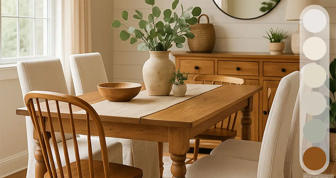 Farbpalette Esszimmer im Landhausstil, Esstisch, Holztisch, Holzstühle, Kommode aus Holz