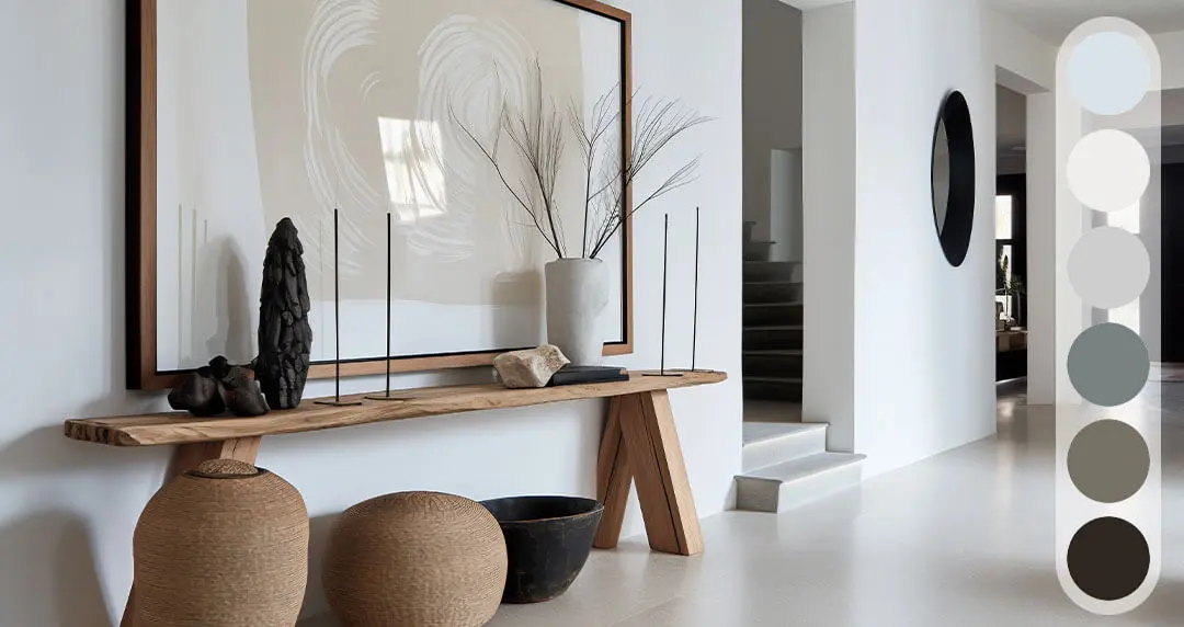 Moderner Wohnstil Farbpalette, minimalistisch, Tontöpfe, Holzregal