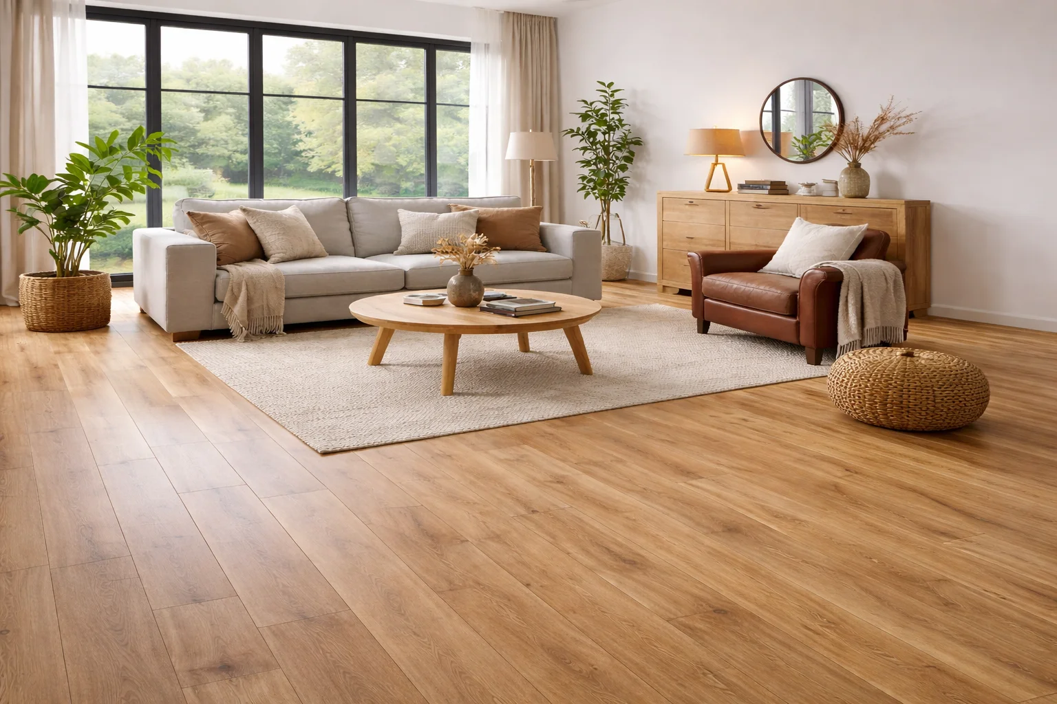Wohnzimmer, Holzboden, Ledersofa, Holztisch, heller Teppich, Holzschrank, Zimmerpflanze