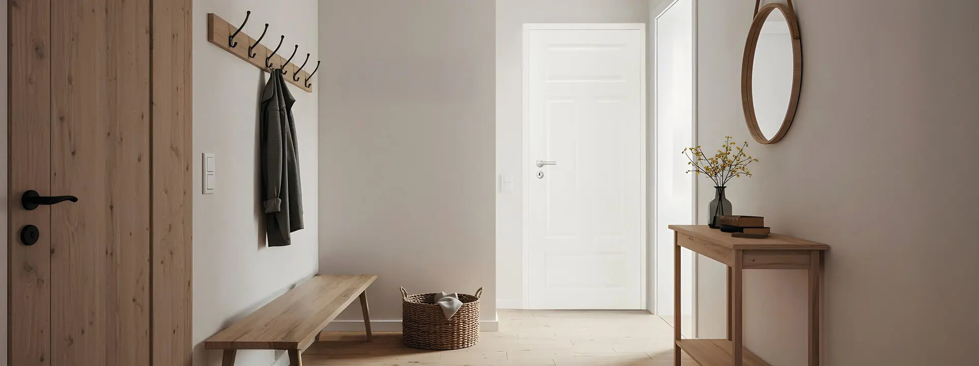 Hauseingang, Garderobe, Zimmertüre, Holzbank, Holztüre,Holzregal