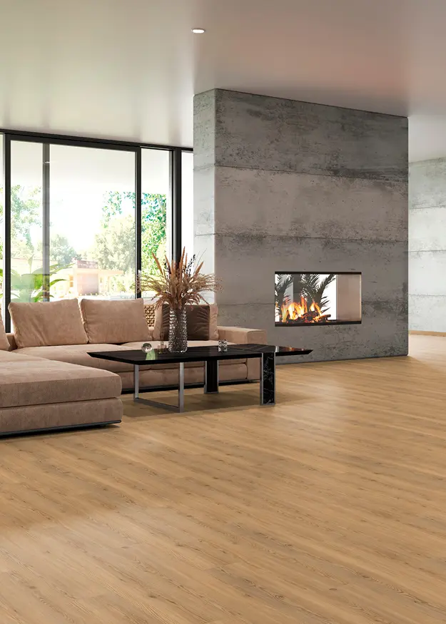 Holzboden, Sofa, Kamin, Tisch, Pflanze, Betonwand