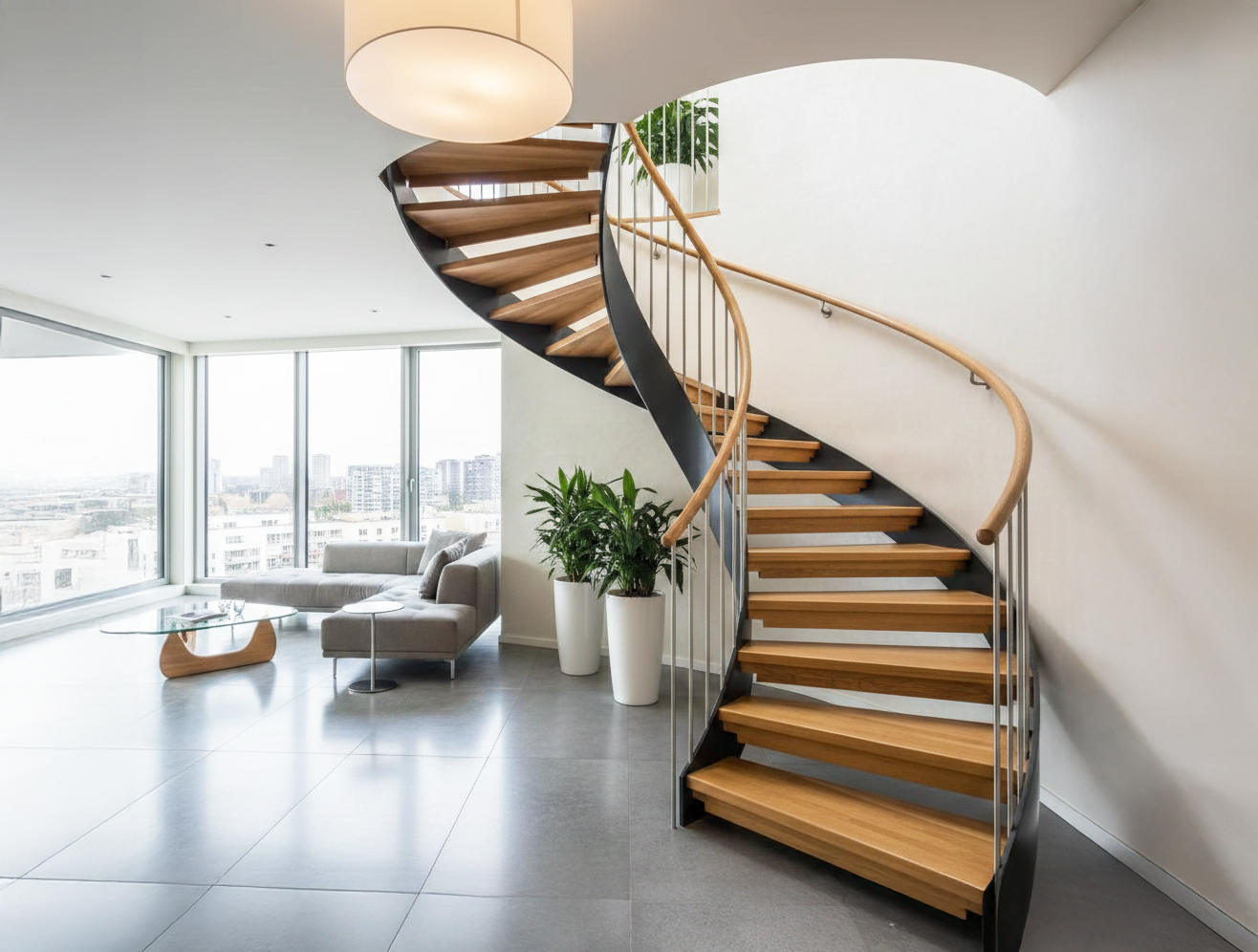 Wendeltreppe, Stufen aus Robinienholz, Fliesen, Fenster, Sofa
