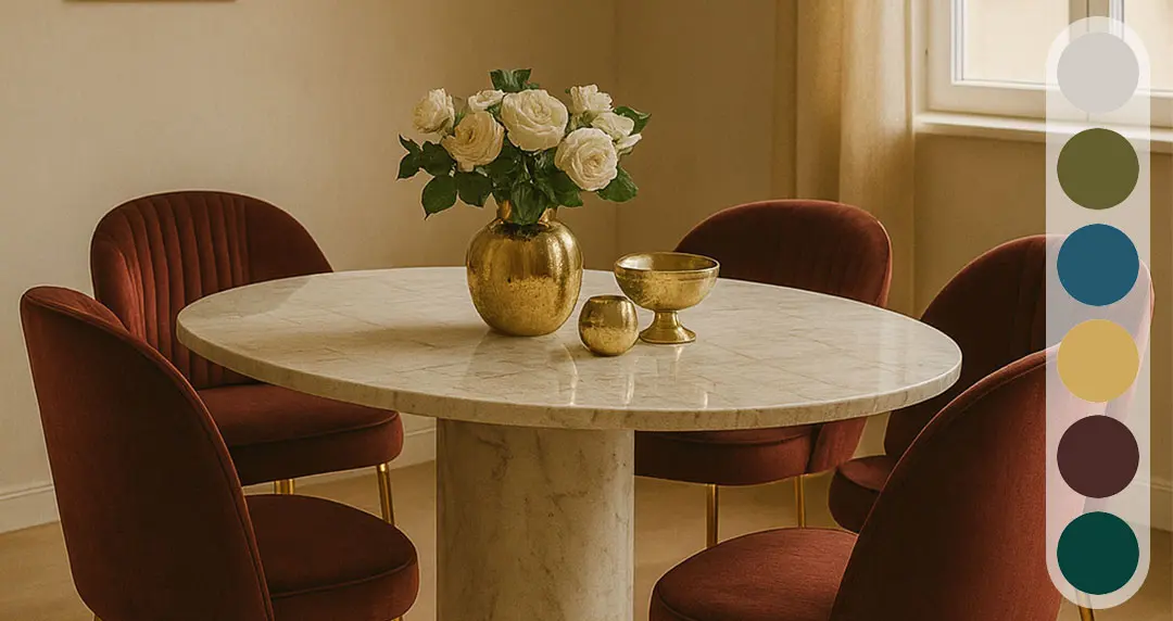 Esszimmer, Farbpalette Einrichtung, Esstisch, Rote Stühle, Rosen, goldene Vase