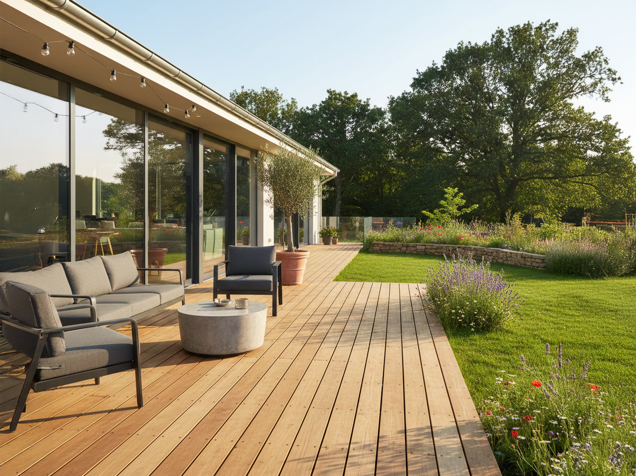 Holzterrasse aus Robinie, Gartenstühle, Rasen, Natur, Pflanzen, Blumen