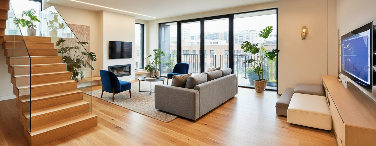 Wohnzimmer, Holztreppe aus Lärche, Holzboden, Sofa, Stühle, Sideboard, Fernseher