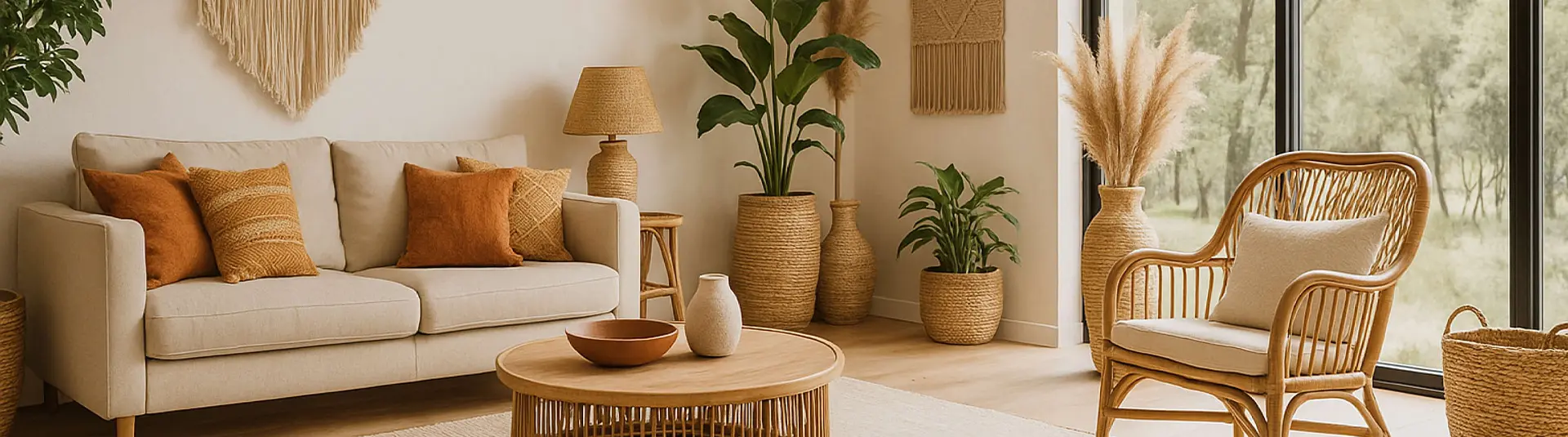 Wohnzimmer im Boho Style, Stuhl aus Korb, helles Sofa, heller Teppich, Zimmerpflanzen, Glasfenster