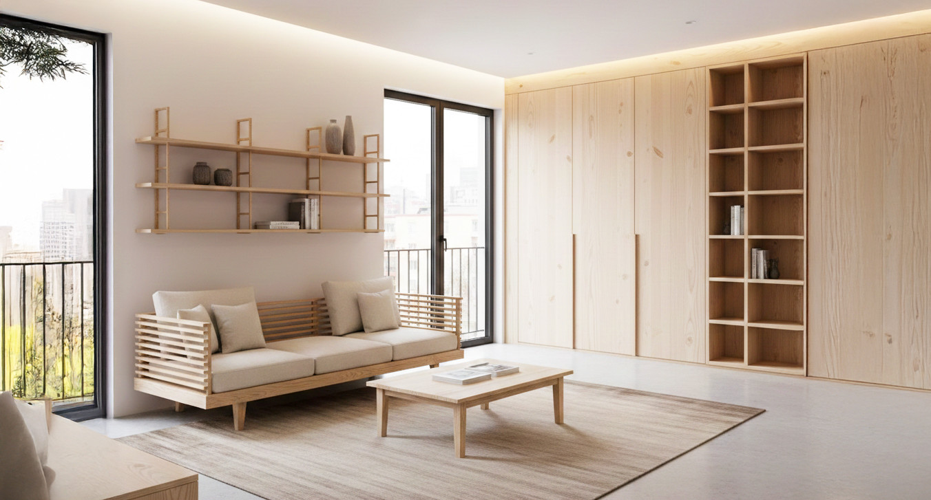 Wohnung, Möbel aus Fichte, Schrank aus Fichtenholz, Regal aus Holz, Sofa und Tisch aus Fichte, Fenster