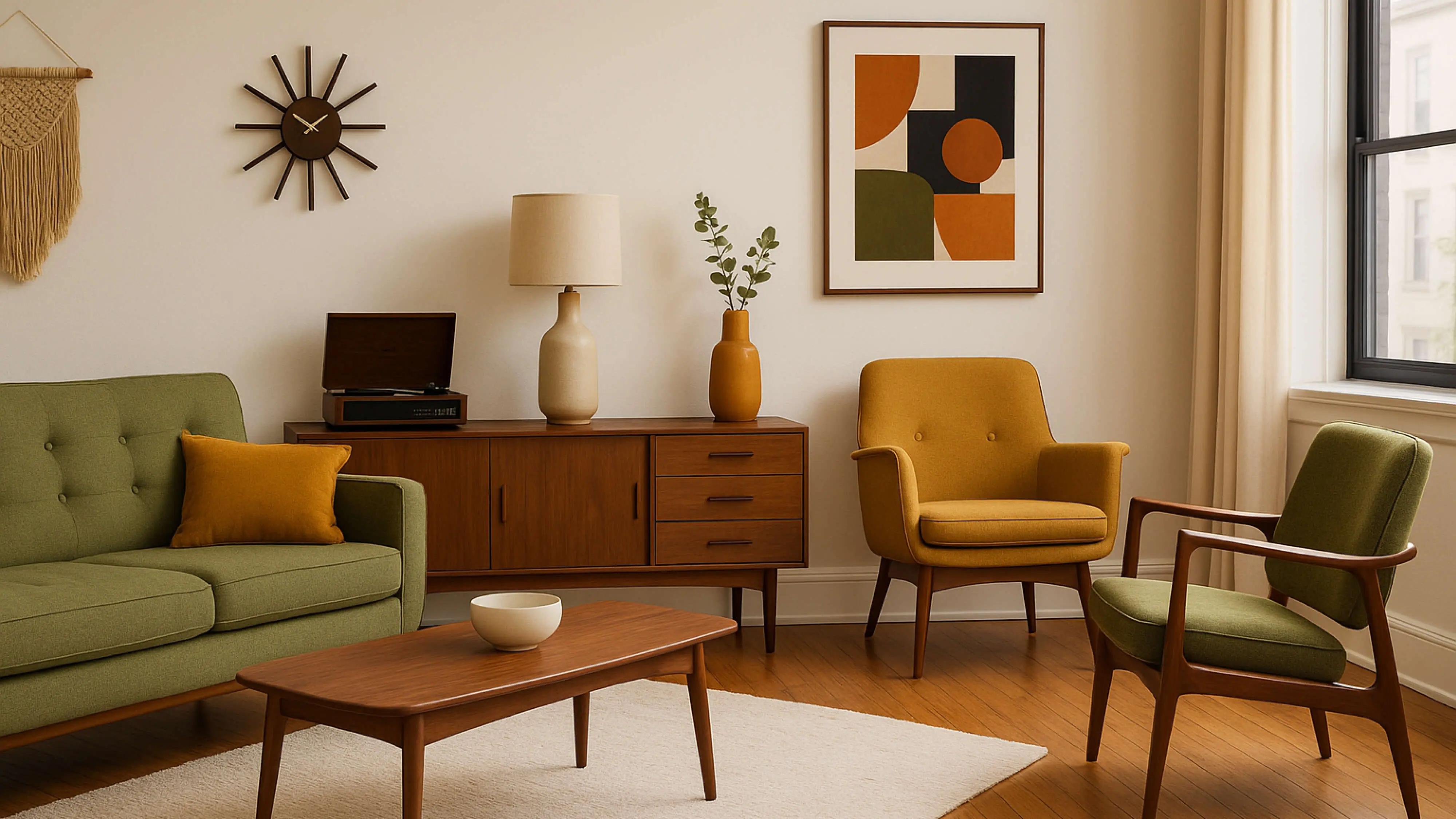 Retro Wohnzimmer, Grünes Sofa, dunkle Holzmöbel, Tischlampe, Altbau