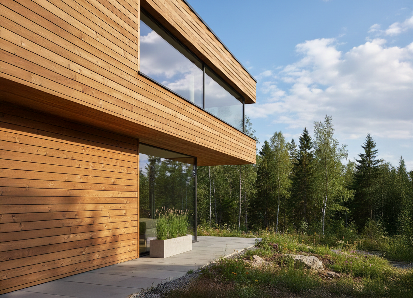 Modernes Haus, Holzfassade, Natur, Pflanzen, Wald