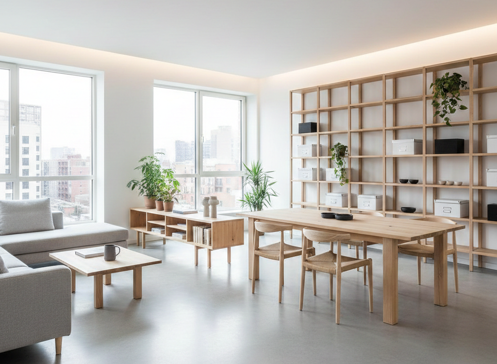 Wohnzimmer, Esszimmer, Möbel aus Fichtenholz, Fenster, Regal, Sofa,