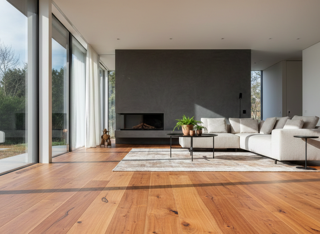Laminatboden aus Lärche, Wohnzimmer, Fensterfront, heller Teppich, Sofa