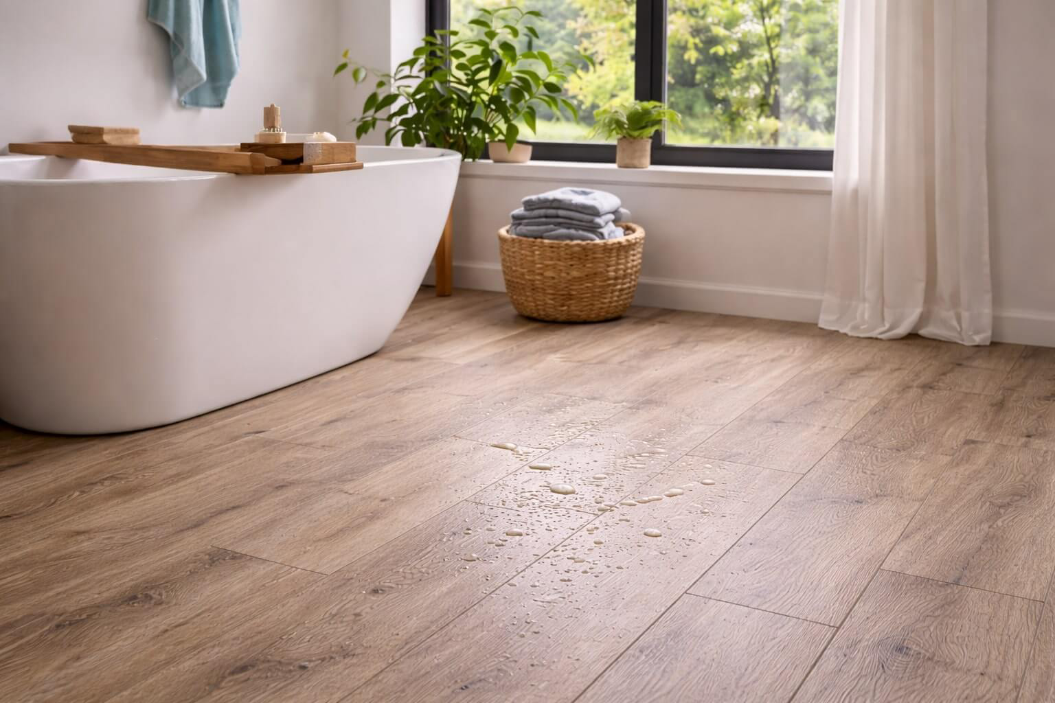 Badezimmer, Vinyl Fußboden, Badewanne, Zimmerpflanzen, Fenster, Vorhang