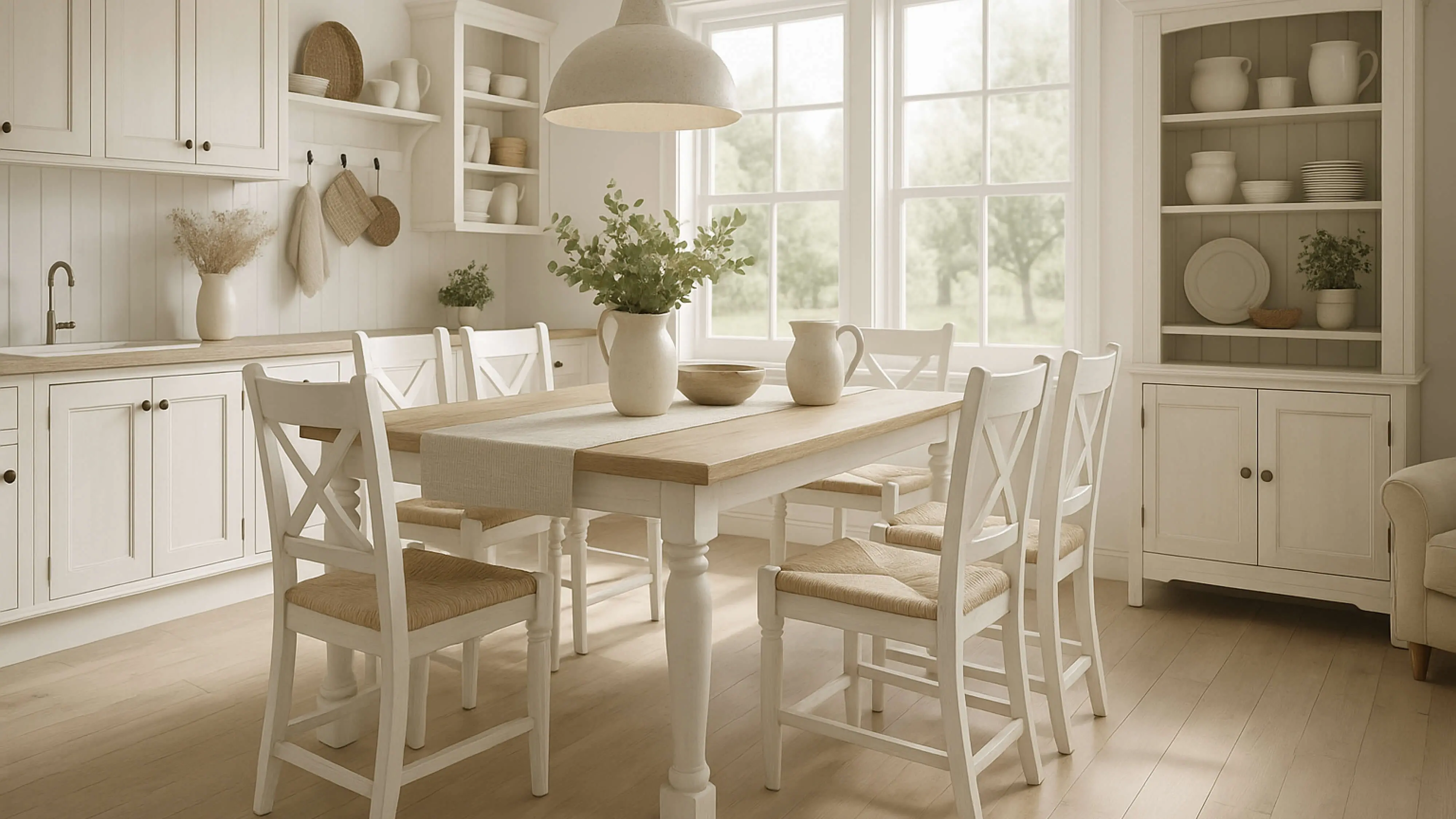 Küche und Esszimmer im Landhausstil, Esstisch, heller Holztisch, weiße Holzstühle, weiße Lampe, heller Holzboden, weiße Holzschränke