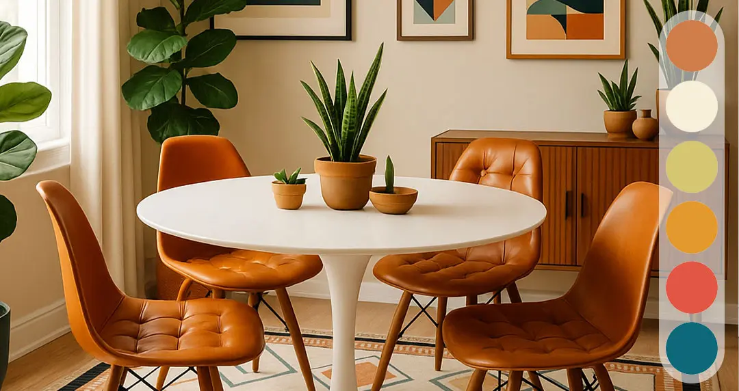 Retro Wohnzimmer Farbpalette, Orange Lederstühle, Weißer Tisch, Zimmerpflanzen, knallige Farben