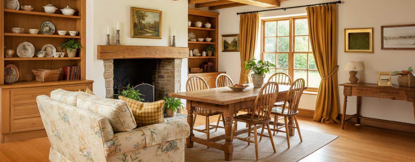 Landhausstil, Möbel aus Fichtenholz, Esstisch, Holzstühle, Buffet aus Kiefer, Fenster, Vorhang, Kamin