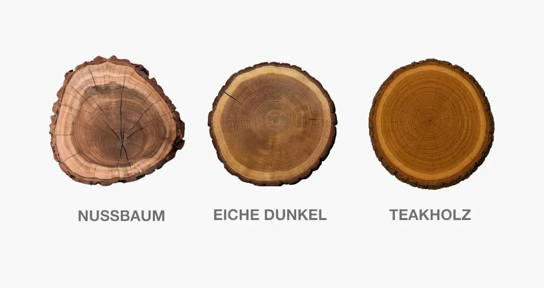 Holzarten für moderne Räume, Vergleich, Nussbaum, Eiche dunkel, Teakholz