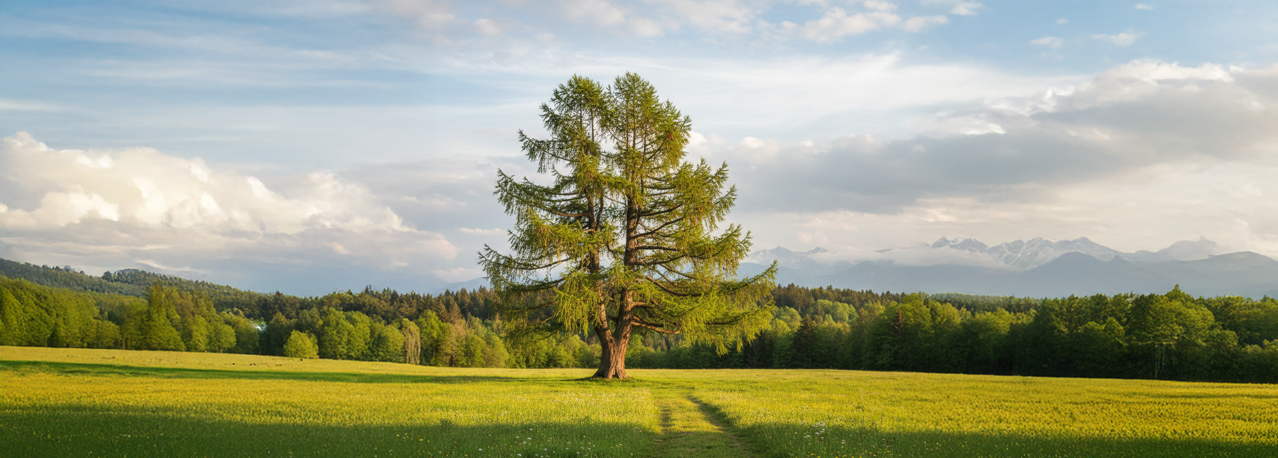 Lärche auf einer grünen Wiese, Natur, Sommer, Wald, blauer Himmel