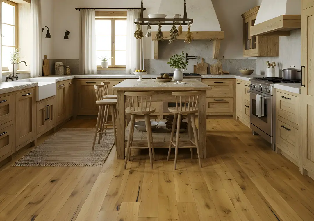 Küche, Parkettboden, Holzmöbel, Landhausstil
