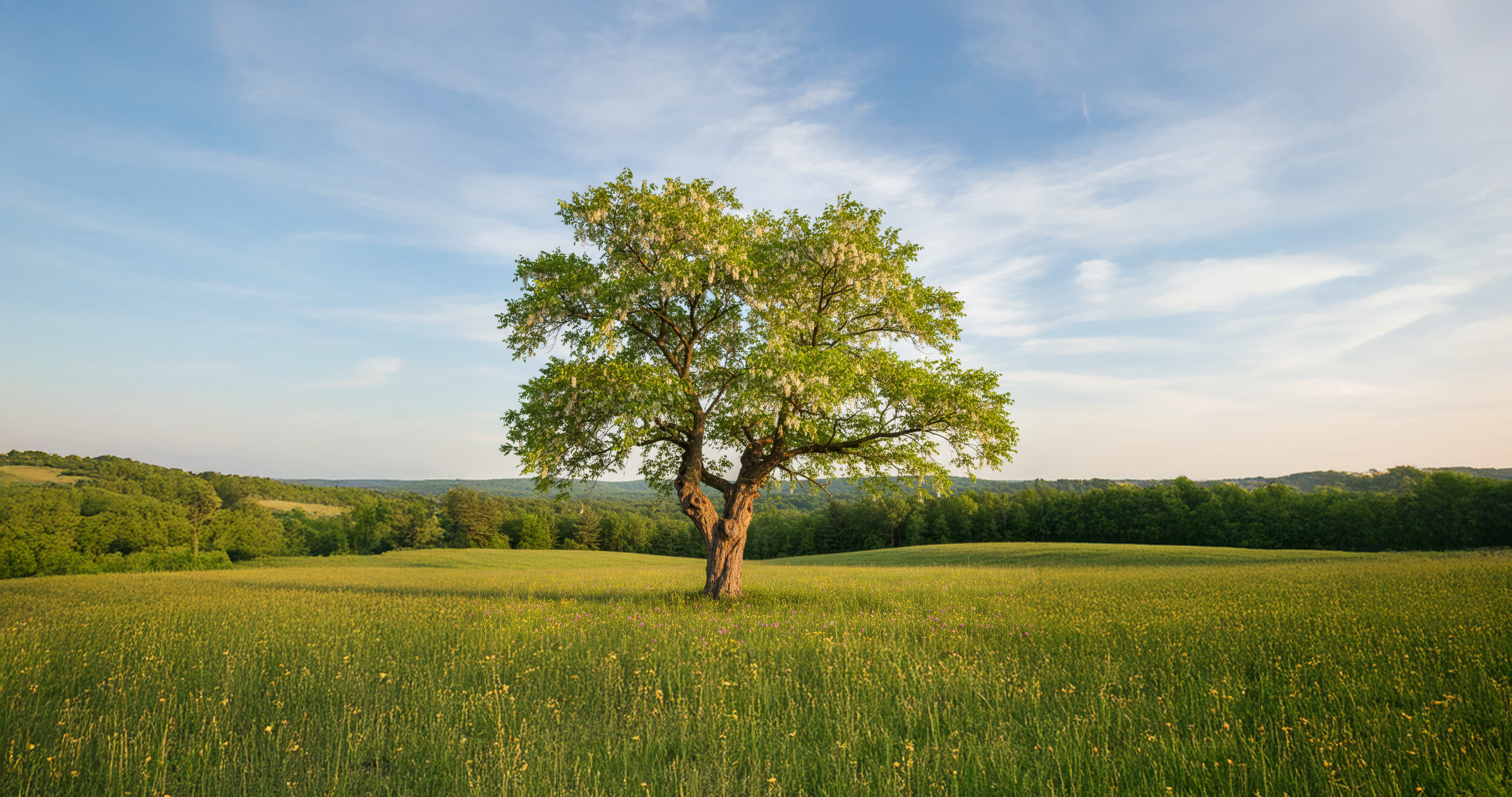 Robinie, Baum, grüne Wiese, Wald, Sommer, blauer Himmel, Schleierwolken