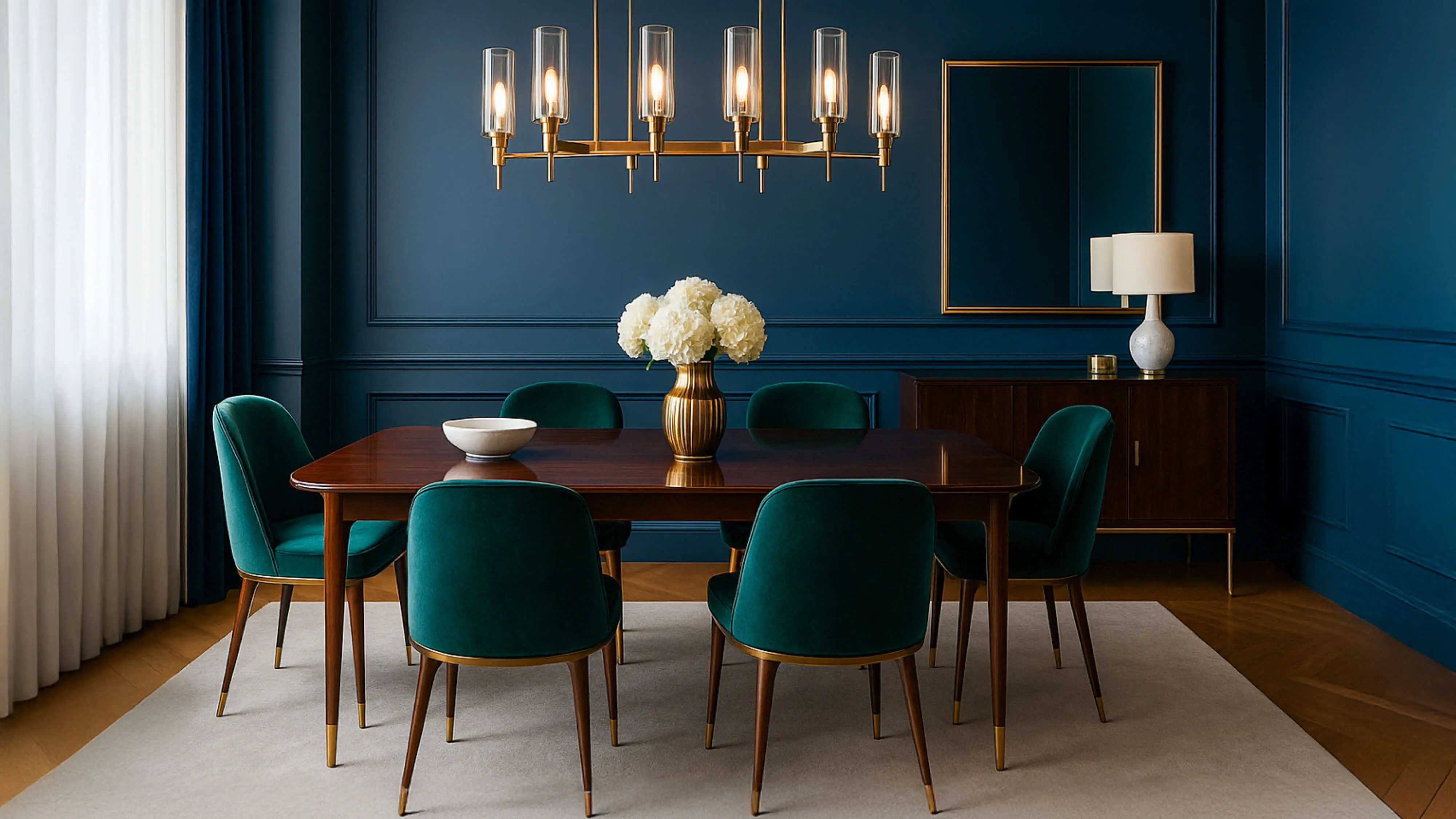 Speisezimmer, Esstisch, Holztisch, Kronleuchter, Stühle, Blumen, Lampe, Vorhang, Teppich