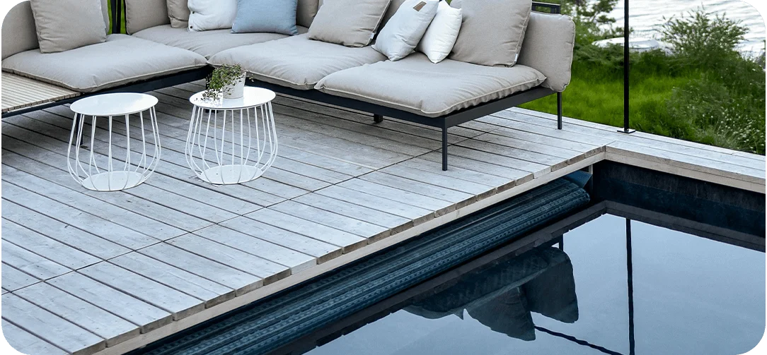 Holzterrasse, Pool, Sofa, Natur, Garten, Gartenmöbel