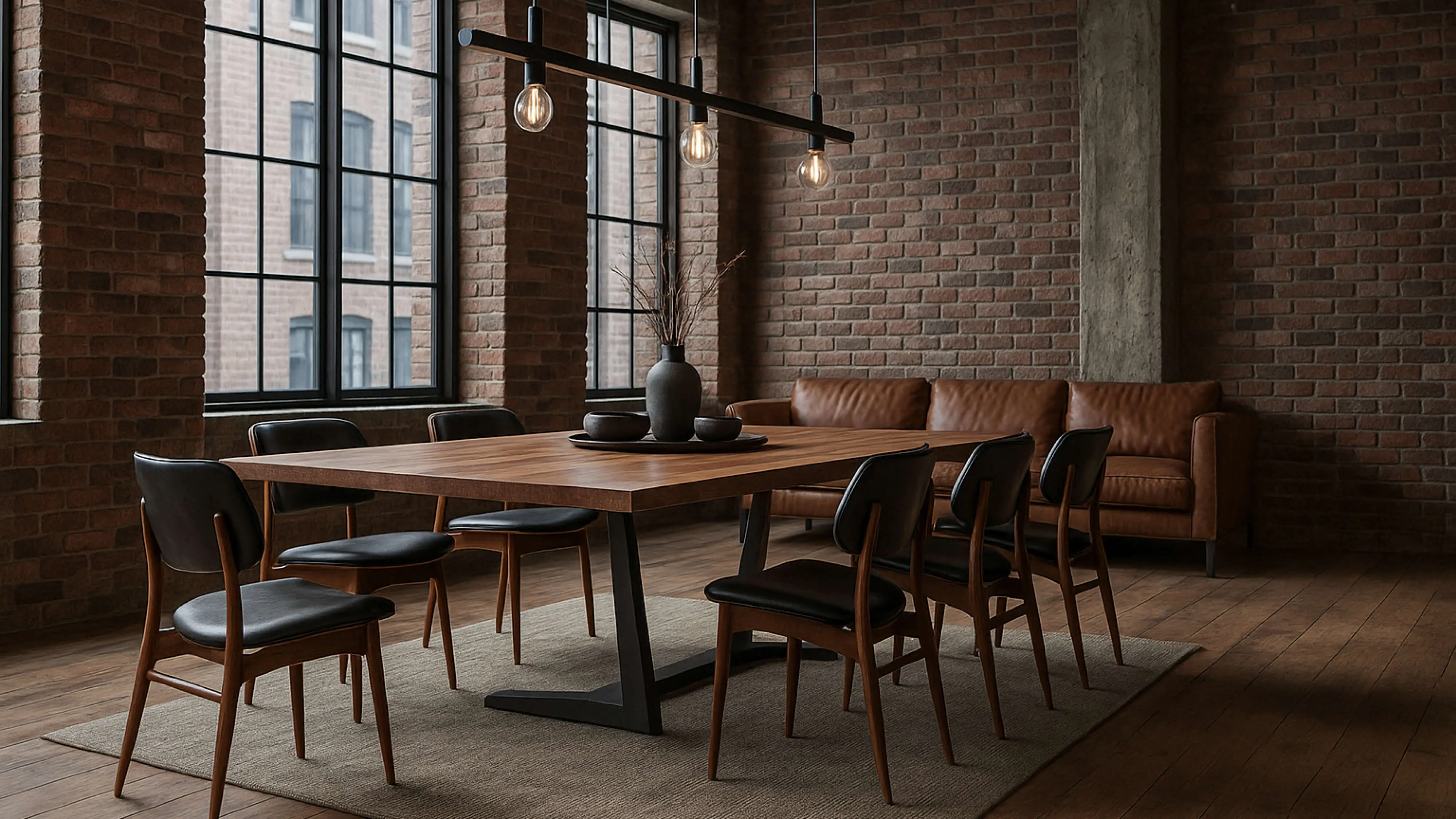 Esszimmer im Industrial Design, Esstisch, Holztisch, Holzstühle mit dunklem Leder, Lampe, Ziegelwand, Teppich, Holzboden