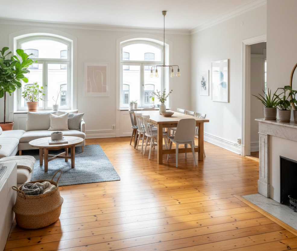 Wohnraum, Dielen aus Kiefernholz, Kamin, Altbau, Fenster, Esstisch, Stühle, Sofa, Zimmerpflanzen