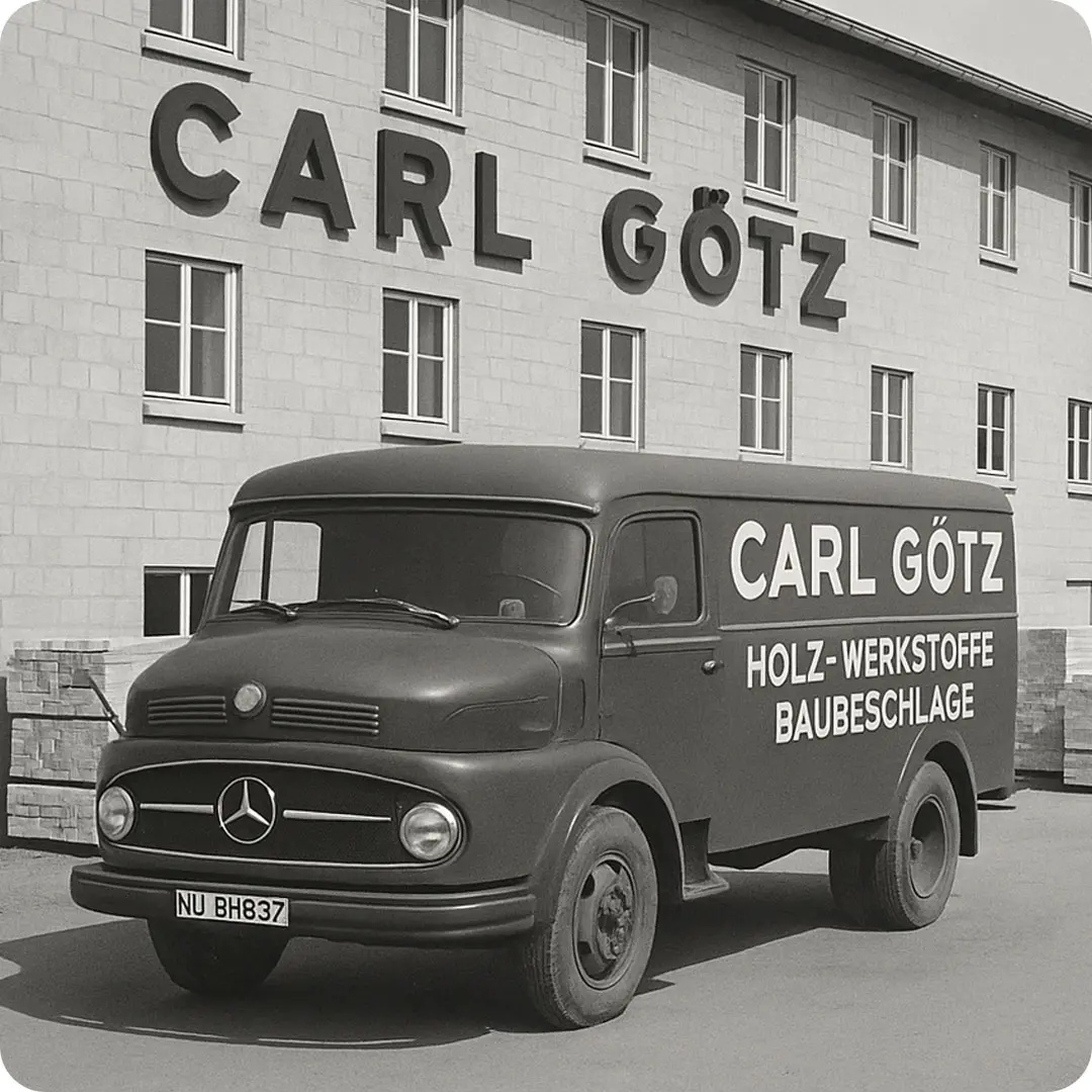 Alter Mercedes, Schwarz-Weiß Foto, Carl Götz Holzwerkstoffe, Neu-UlmÜber uns