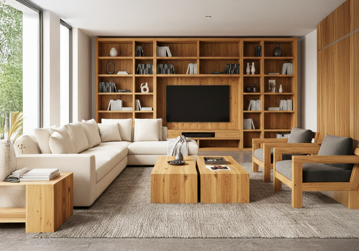 Lichtdurchflutetes Wohnzimmer, Möbel aus Robinienholz, Holztisch, Holzstühle, weißes Sofa, Holzregal, Fernseher, große Fenster