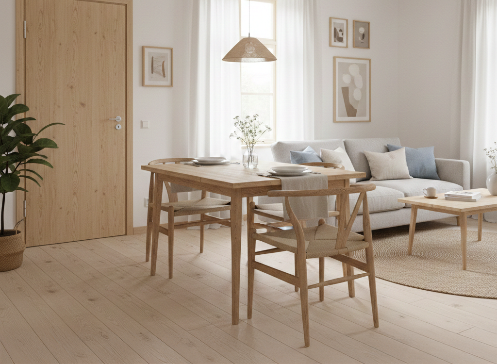 Tisch und Stühle aus Birkenholz