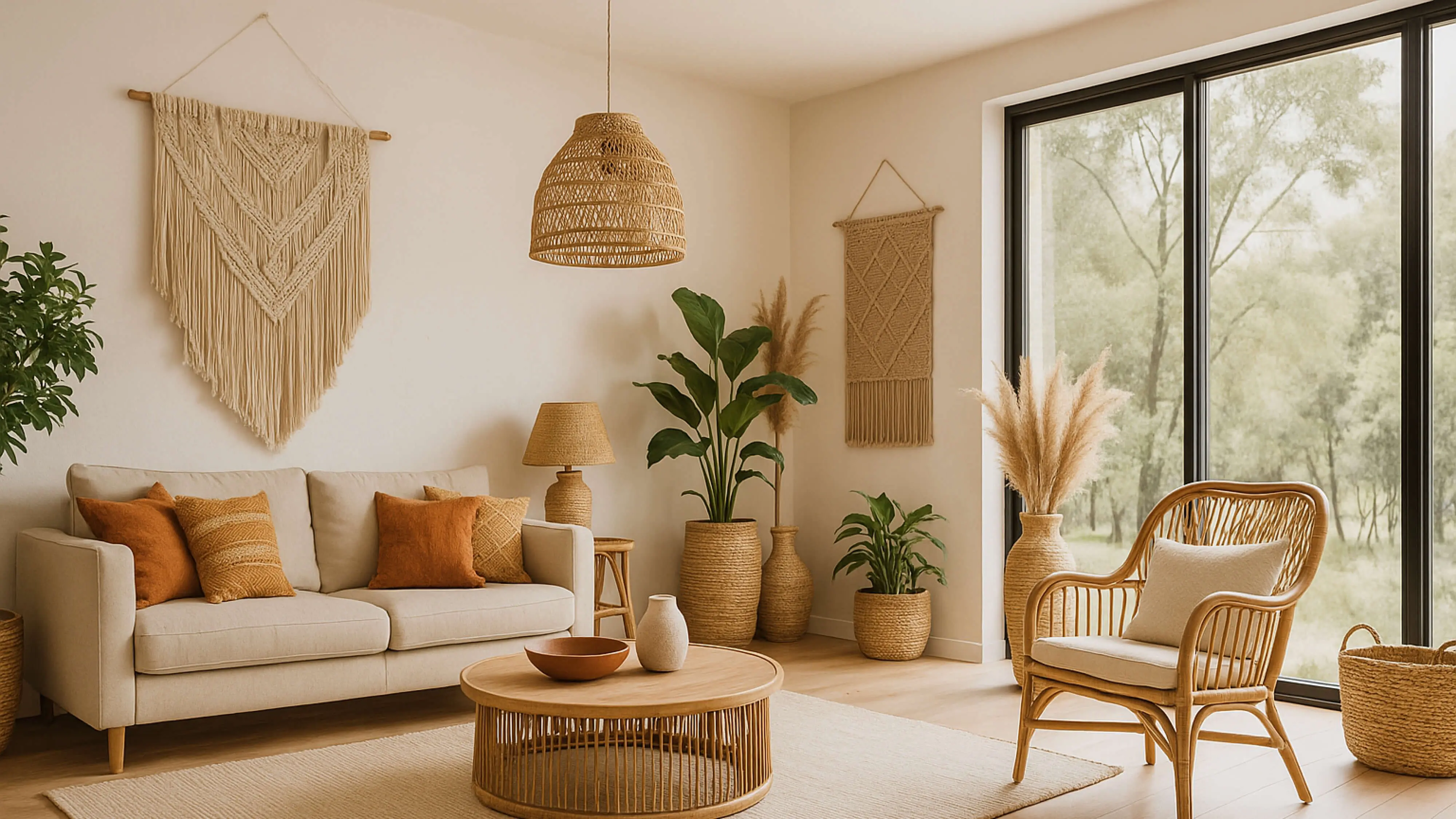 Wohnzimmer im Boho Style, Stuhl aus Korb, helles Sofa, heller Teppich, Zimmerpflanzen, Glasfenster