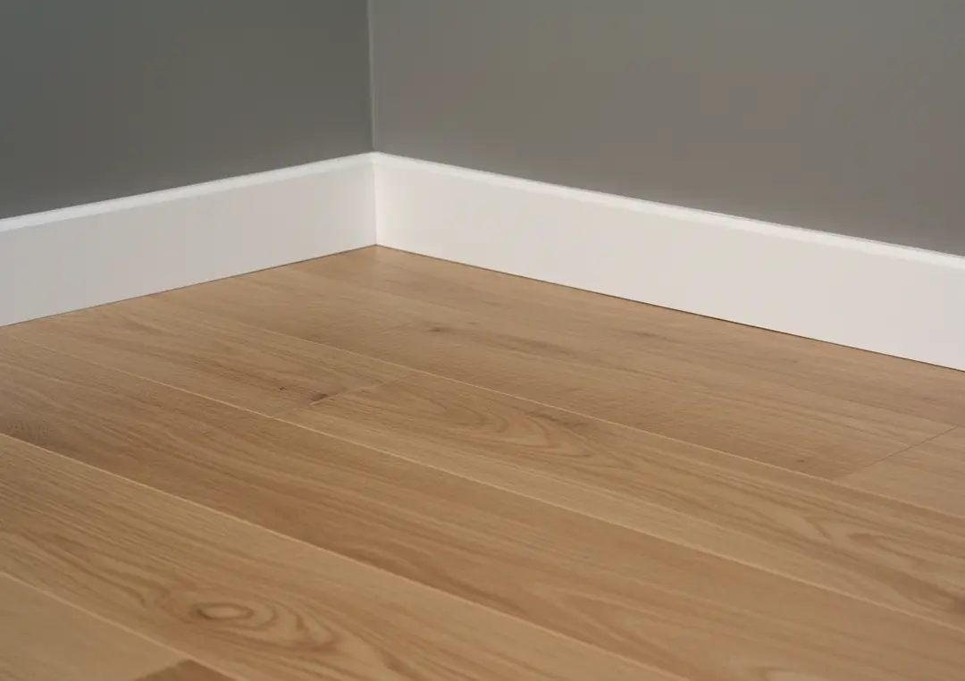 Parkettboden, Holz, graue Wand, weiße Sockelleiste