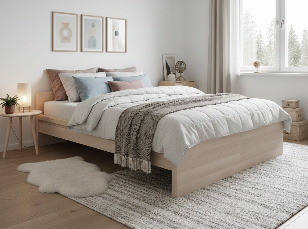 Schlafzimmer, Teppich, Holzbett, Beistelltisch, Holzbett aus Birkenholz