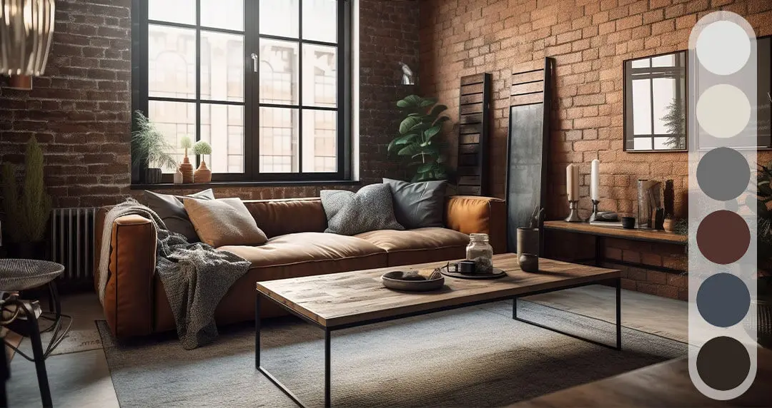 Farbpalette Esszimmer im Industrial Design, Esstisch, Holztisch, Holzstühle mit dunklem Leder, Lampe, Ziegelwand, Teppich, Holzboden