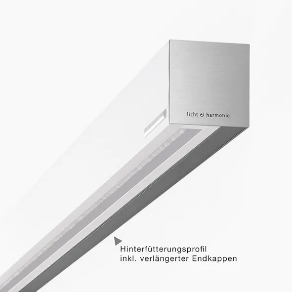 Bild Oberfläche / Detail Hinterfütterungsprofil für Wandmontage vor Zarge inkl. Verlängerter Endkappen matt ähnlich Edelstahl Licht & Harmonie