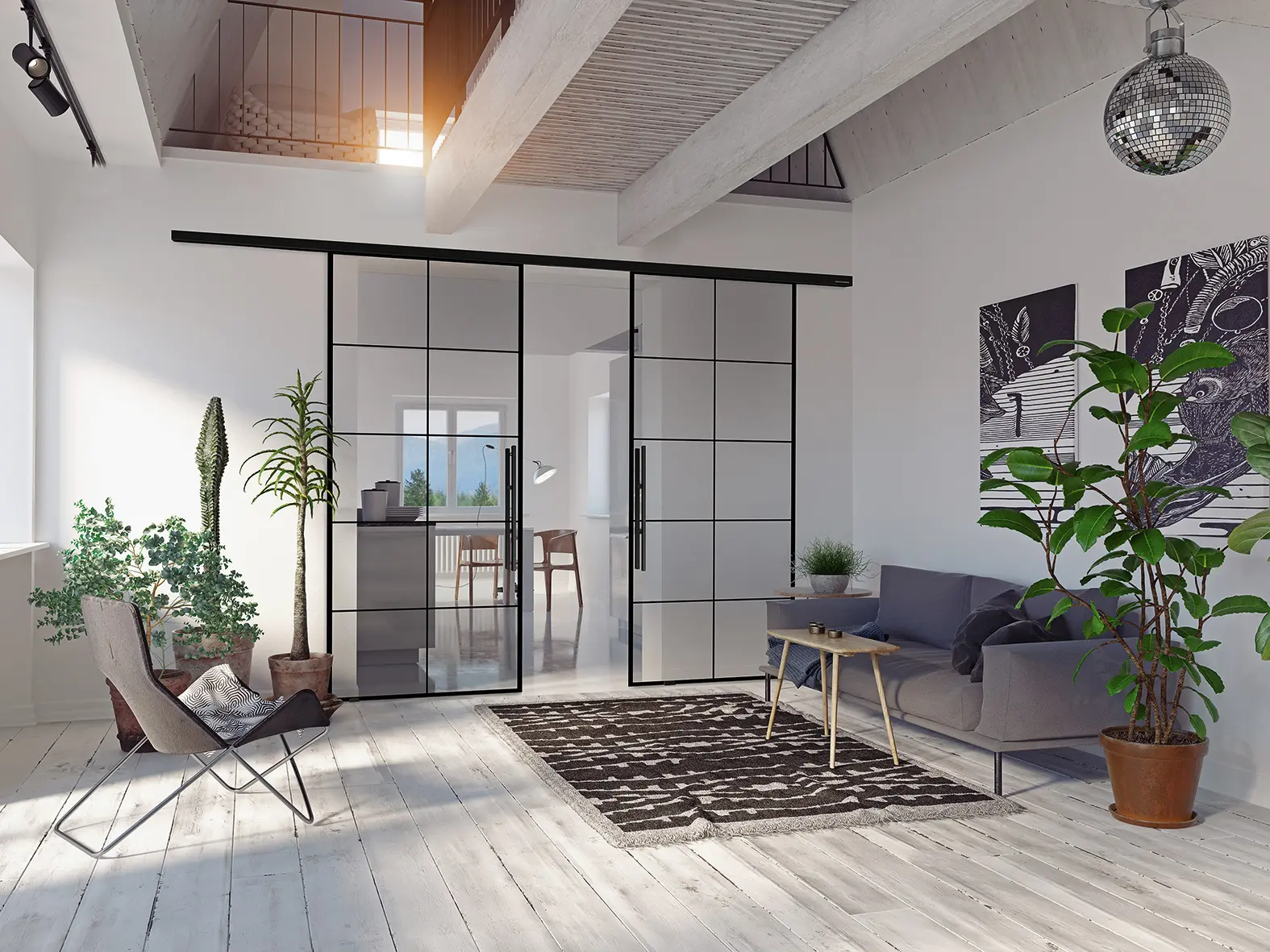 Moderner Wohnraum, Loft, Lofttüre, Glastüre, Zimmerpflanzen