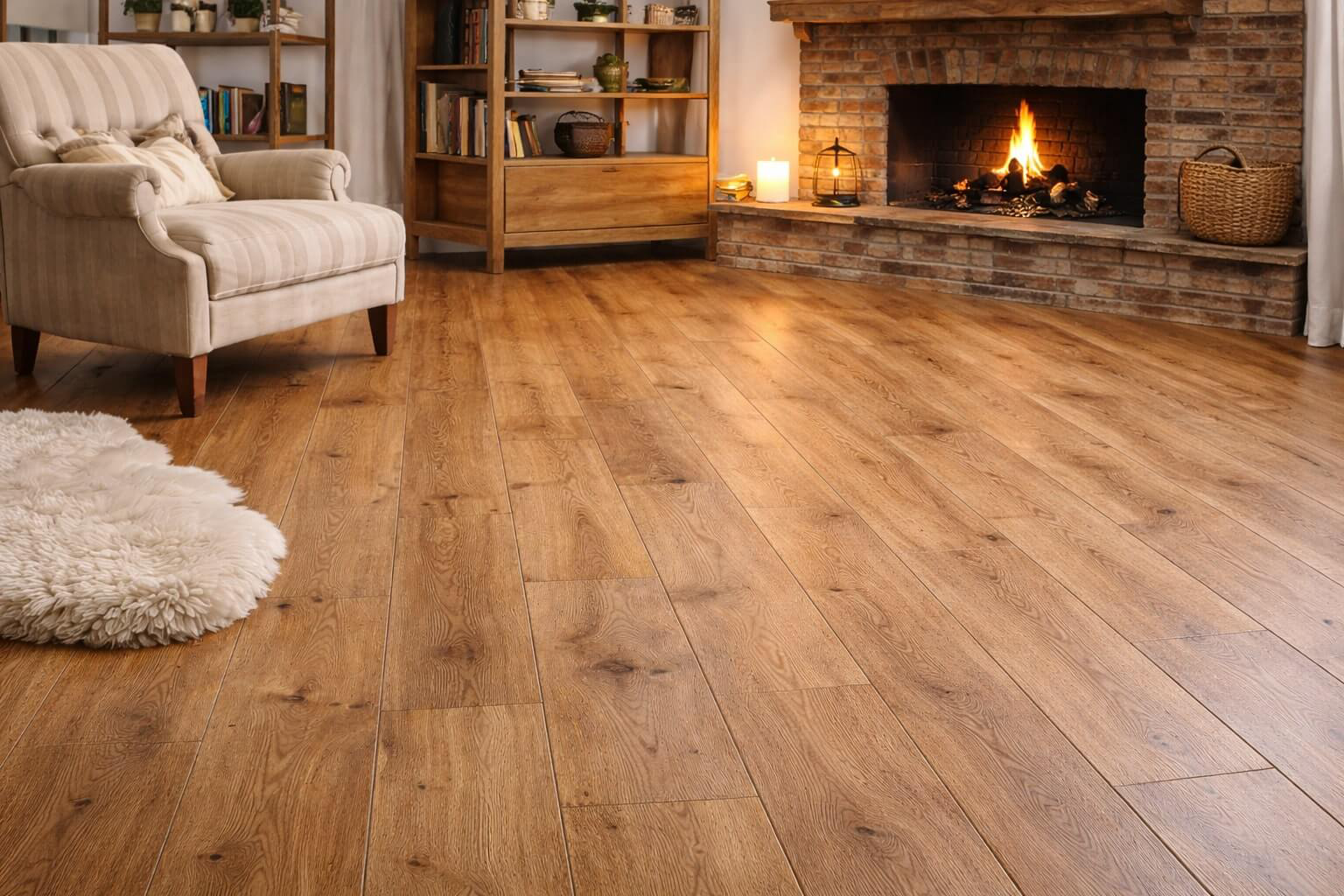 Parkettboden, Holzboden, Kamin, Sessel, Teppich, Holzregale