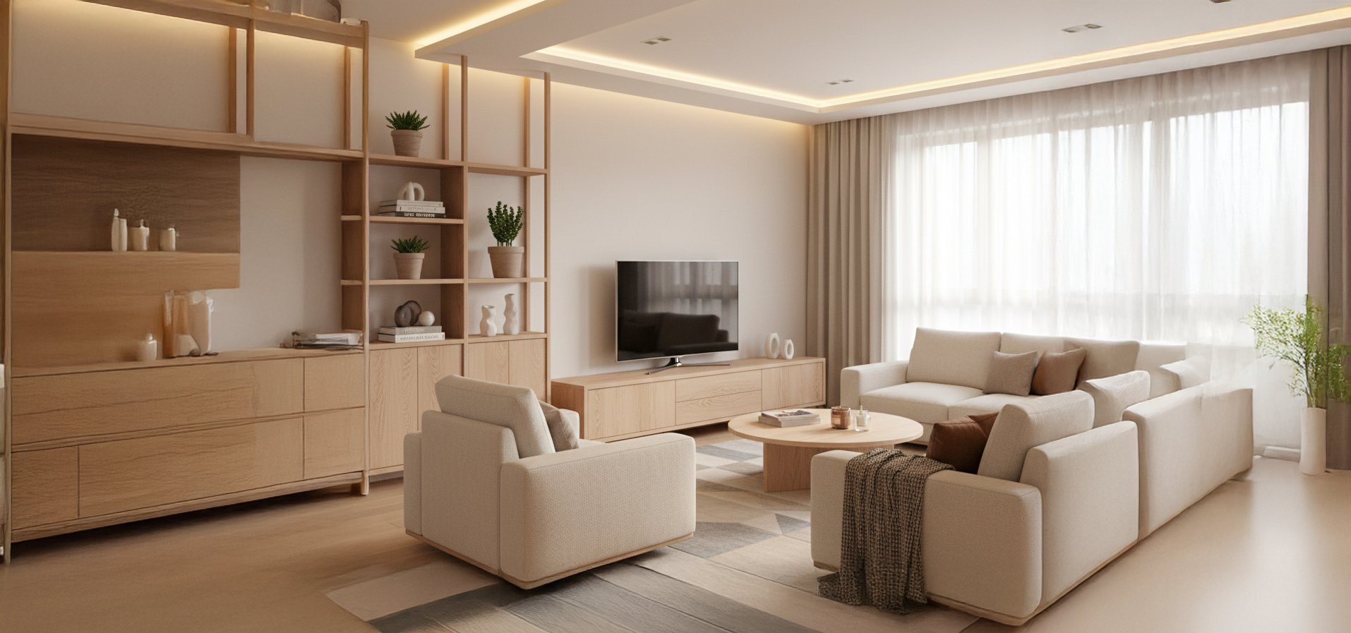 Wohnzimmer mit Ahornholz, Helle Möbel, Fenster, Vorhang