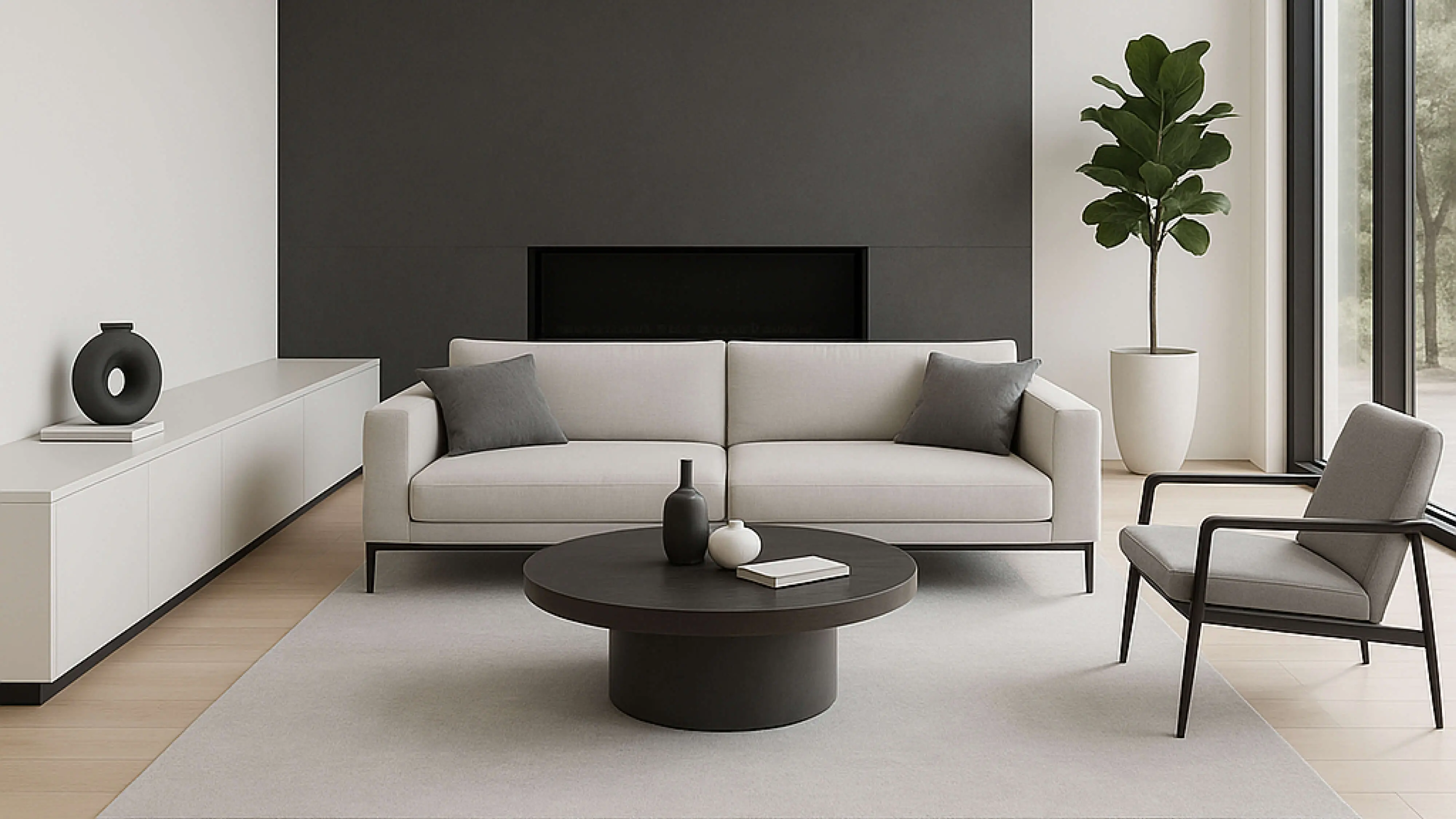 Modernes Wohnzimmer, helles Sofa, schwarzer Tisch, heller Teppich, minimalistisch, Zimmerpflanze