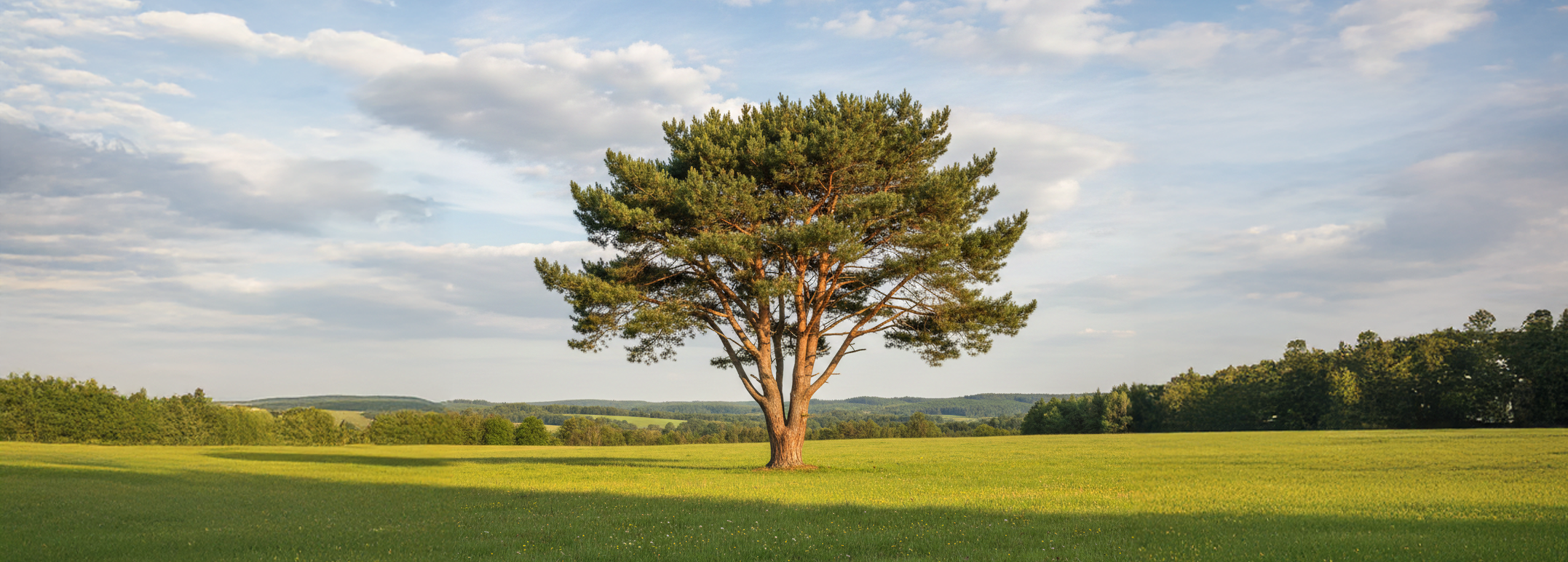 Kiefer auf einer grünen Wiese, Sommer, Wald, blauer Himmel