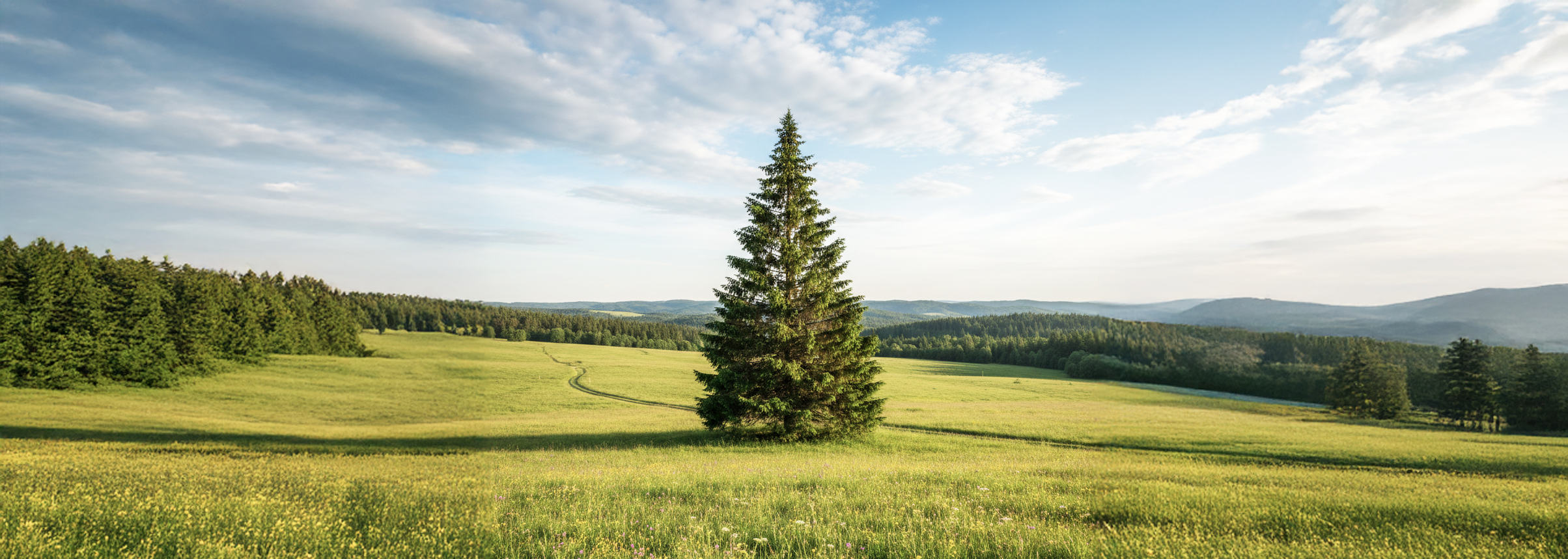 Fichte auf einer grünen Wiese im Sommer, Wald, blauer Himmel