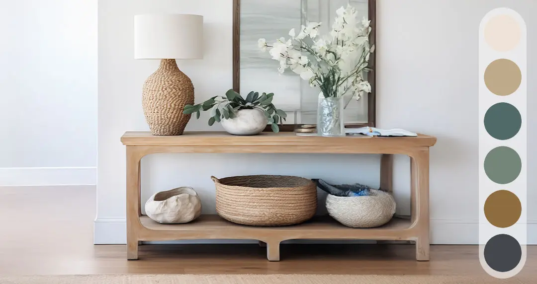 Farbschema Boho Stil, Farbpalette, Holzregal, Lampe, Blumenstraus
