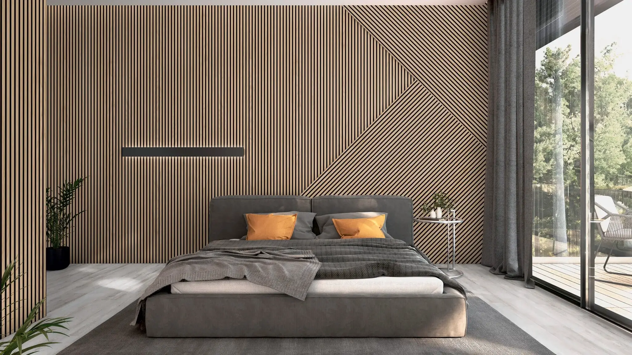 Schlafzimmer, Holz, Bett, Wandverkleidung