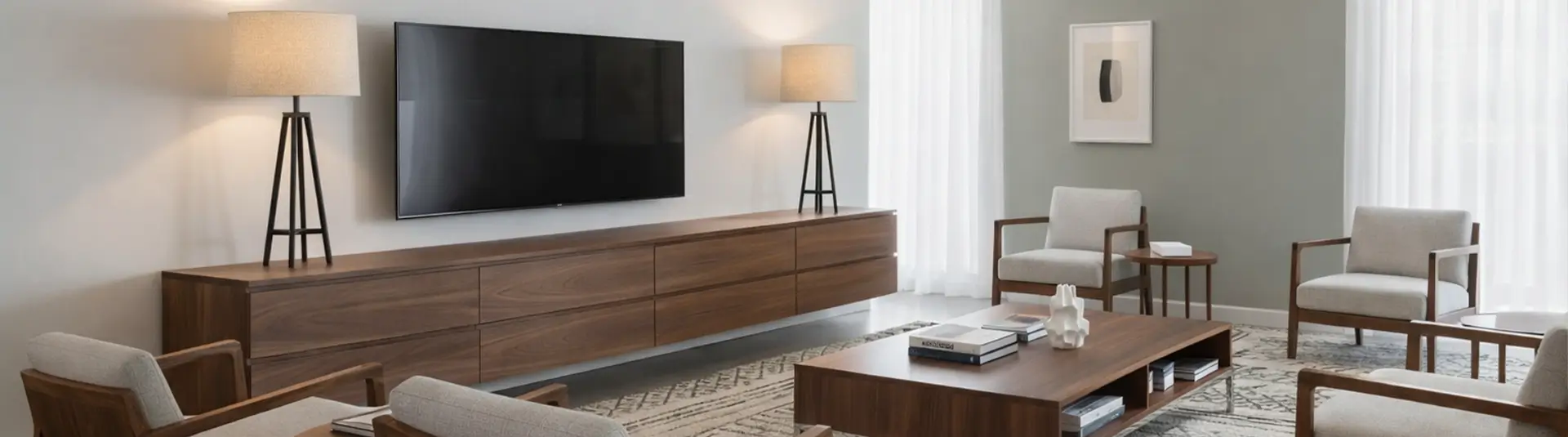 Wohnzimmer, Möbel aus Nussbaum, dunkles Holz, Fernseher, Stehlampen, Sideboard, Stühle, Holztisch, Teppich