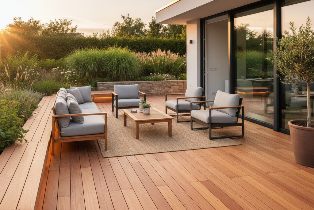 Terrasse mit Douglasienholz, Natur, Gartenmöbel, Pflanzen