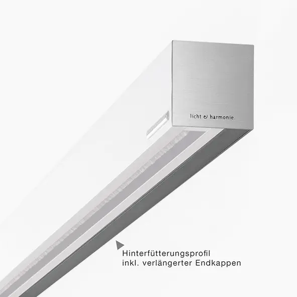 Bild Oberfläche / Detail Hinterfütterungsprofil für Wandmontage vor Zarge inkl. Verlängerter Endkappen matt ähnlich Edelstahl Licht & Harmonie