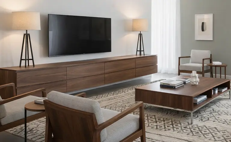 Wohnzimmer, Möbel aus Nussbaum, dunkles Holz, Fernseher, Stehlampen, Sideboard, Stühle, Holztisch, Teppich